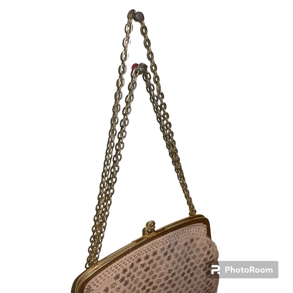 Vintage Cream And Gold Tone Mini Clutch Party Event Kiss Lock Chain Purse - Picture 3 of 8